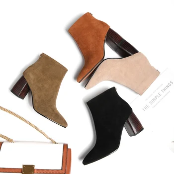 

2020 New Hot Cow suede Women Ankle Boots 22-24.5cm Casual pointed toe 7CM high heel bootie woman 4 colors all season