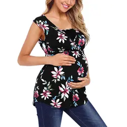 Свободная Модная Футболка для беременных; пуловер с цветочным принтом; летняя дышащая Повседневная футболка без рукавов