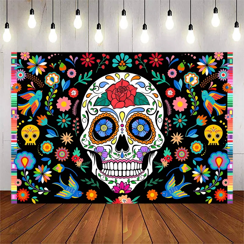 Allenjoy 7x5ft Day of The Dead Backdrop for Mexican Fiesta Sugar Skull Photography Background Dia DE Los Muertos Dress-up Birthday Party Supplies Fiesta Banner Table Decor Decoration Photo Booth Shoot 