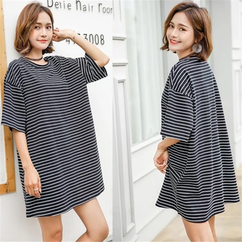 

Night skirt Korean loose striped bottoming shirt women wear large size pijama wild Sleepwear women spring summer models пижама