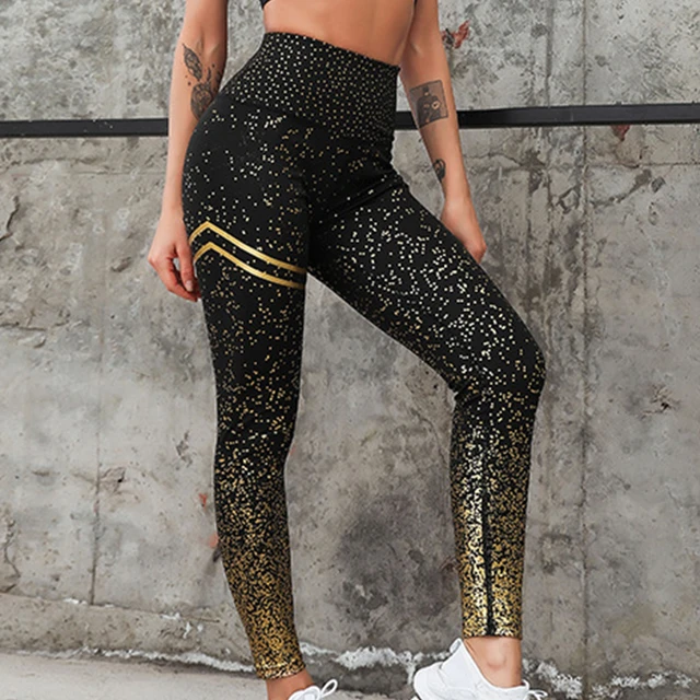 New Women Gold Printed High Waist Fitness Yoga Pants Sport