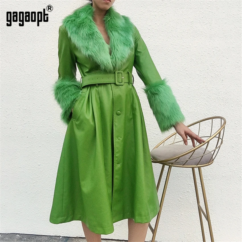 Gagaopt Женская куртка из искусственной кожи с длинным рукавом теплое пальто Пуговицы с поясом талии Женская зимняя куртка Леди Топ Дамы длинное пальто