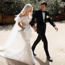 

Fivsole Modern White 2021 Mermaid Wedding Dresses 2021 Sweetheart Luxury Feather Lace Appliques Robe De Mariée Vestido De Noiva