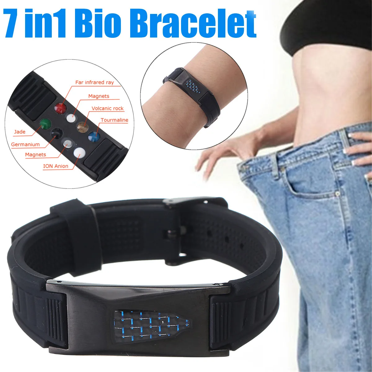 7in1 TITANIUM Magnetic Energy Armband Power Bracelet Health Bio Black