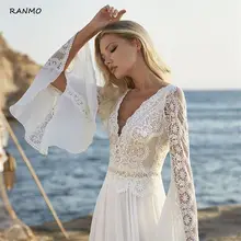 

Bohemian A Line Chiffon Wedding Dresses 2021 V Neck Long Sleeve Lace Applique Backless For Women Robe De Mariage Bridal Gown
