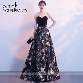 

2020 New High-end Elegant Evening Dress Black Luxury Strapless Floral Print Banquet Host Performance Atmosphere Long Dress