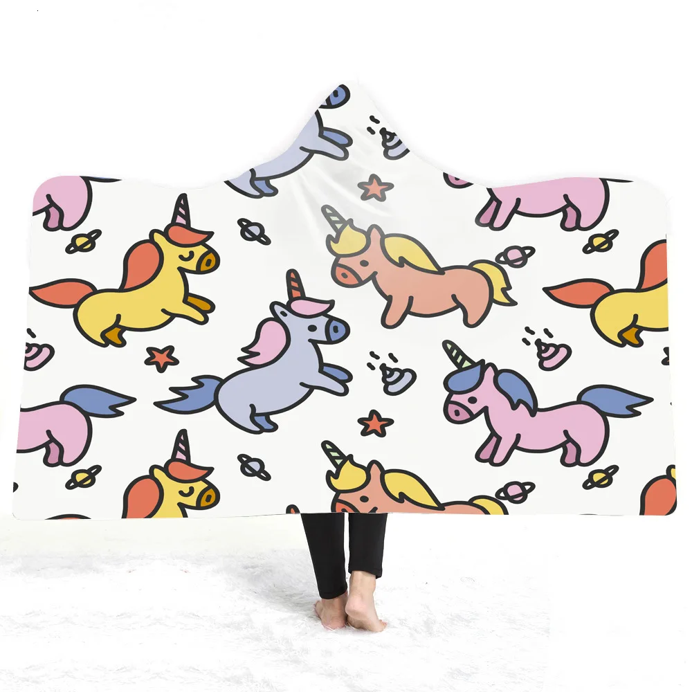 

Cute Cartoon Hooded Blanket Unicorn 3D Printed Plush For Adults Childs Soft Sherpa Fleece Blanket Microfiber Warm Throw Blanket