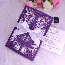 Фиолетовые пригласительные приглашения с лазерной огранкой с лентой 20+ цветов на заказ для свадебного душа пригласительные приглашения для детского душа с конвертом