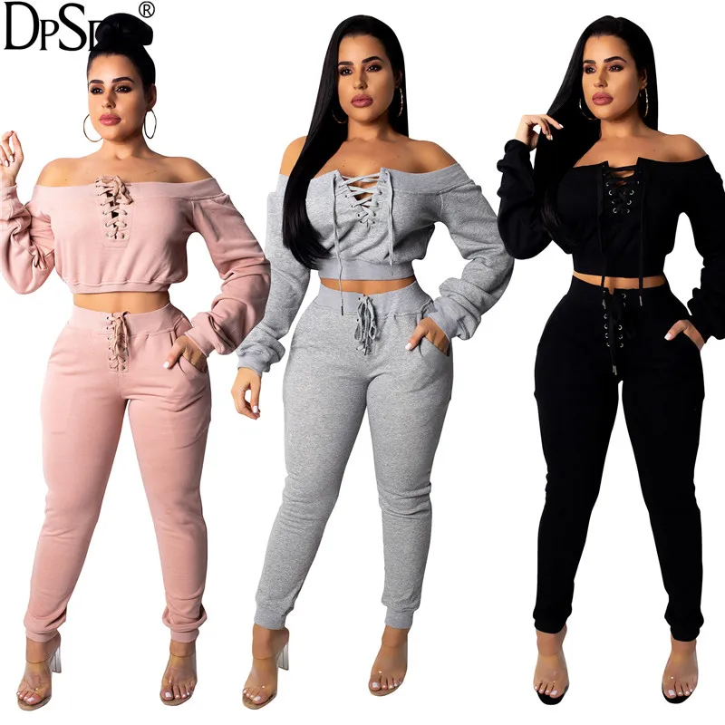 DPSDE Black Sports Bandage Warm Two Pieces Women Set Autumn Off Shoulder Skinny Casual Top 2020 Lace-Up Shwo Thin Bodycon Pants |