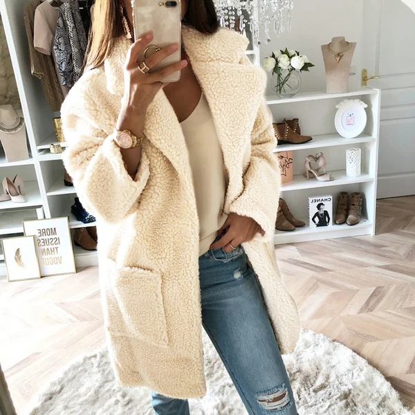 Зимние женские модные жакеты, повседневные длинные пальто из искусственного меха, теплая уличная одежда с длинным рукавом, однотонные тонкие женские куртки с воротником-стойкой