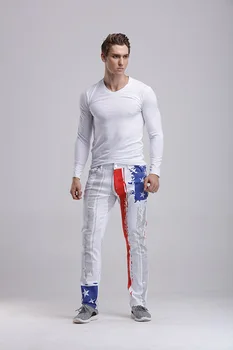 

Men's Casual American USA Flag Print Jeans Mens Graffiti Painting white Pants Slim Staight Elastic Waist Big Size W28-W42