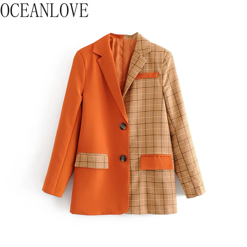 

OCEANLOVE Women Blazer New Plaid Office Lady Fashion Outwear Autumn 2019 Single Breasted Jackets Notched Blazer Feminino 12779