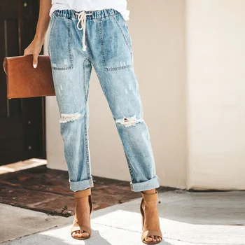 

2020 New Arrival Spring summer casual Korean fashion straight pants women's ripped jeans Women Pants Female Torn Trousers