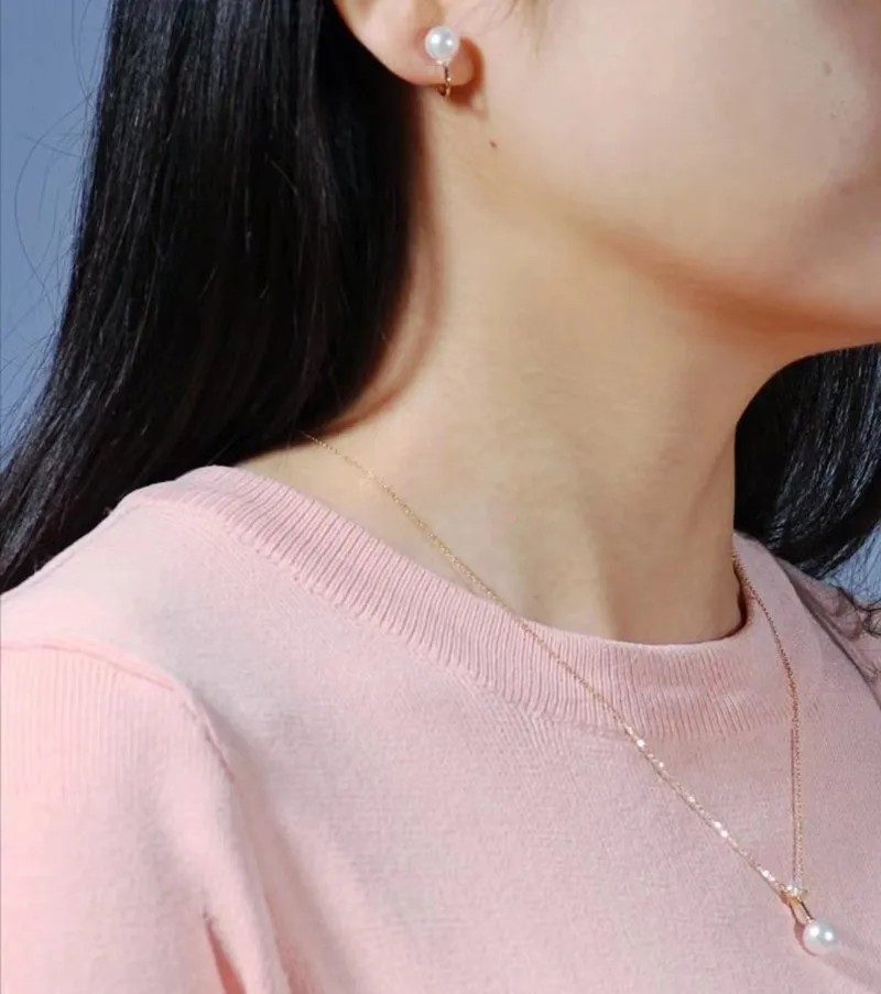

VOJEFEN 18k Rose Gold Round Cut Stud Earrings And Necklace Sets With Natural Freshwater Pearls Fine Jewelry for Women