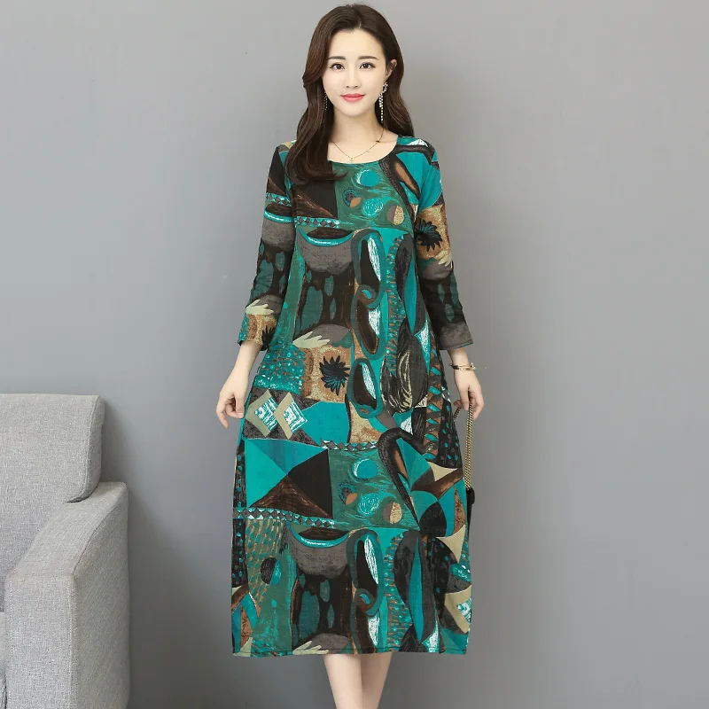 

2019 Spring And Summer New Style Large Size Dress Ethnic-Style Loose-Fit Slimming Cotton Linen Printed Long Three-quarter-length