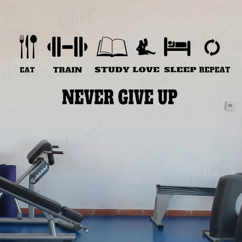 con palabras extraíble para hacer ejercicio fitness para colgar pesas entrenamiento motivacional Adhesivo decorativo para pared con texto en inglés Never Give up Barbell para gimnasio en casa 