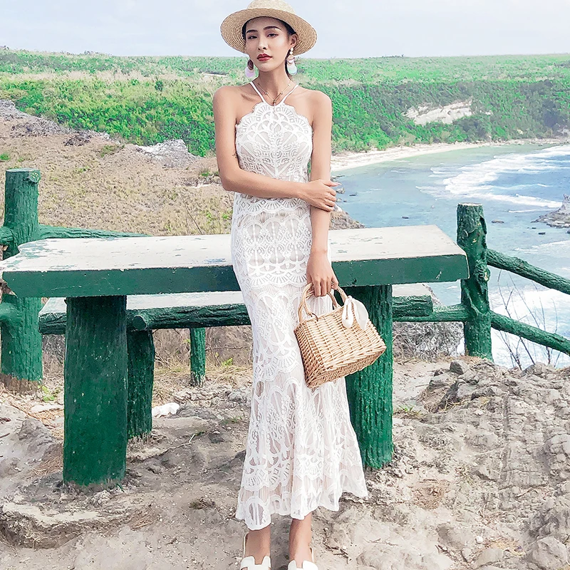 Summer Women White Lace Maxi Backless Sundress Female Elegant Party Vacation Long Dress Vintage Bodycon Korean Runway Vestidos