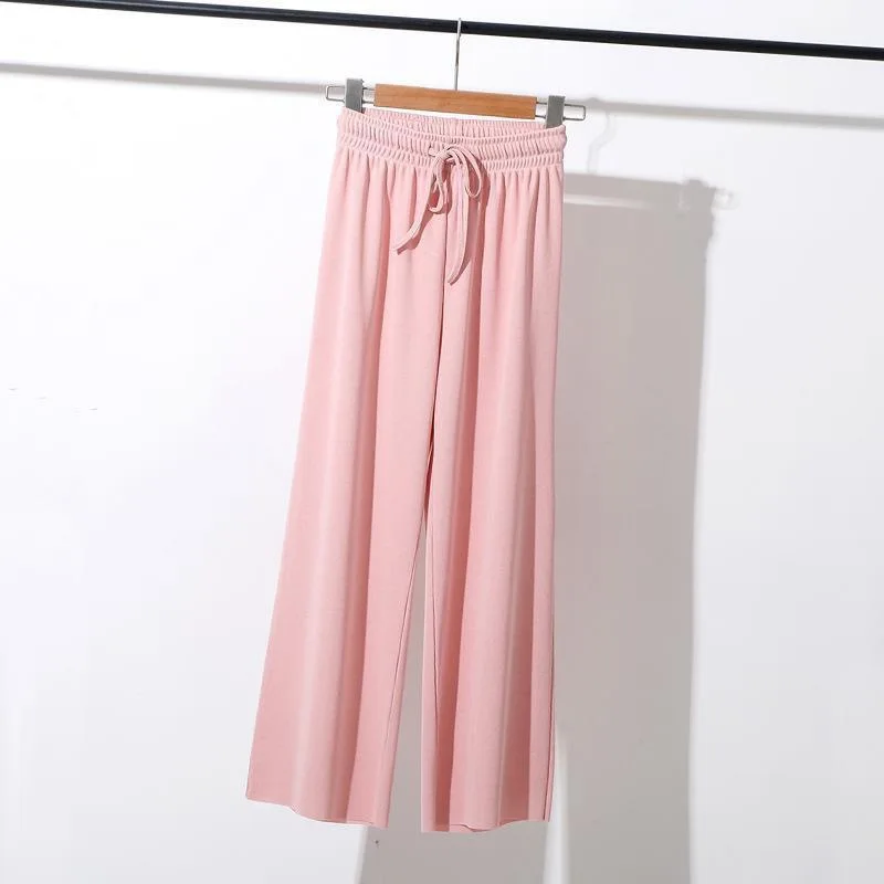 Spring Autumn Solid Casual Woman's Wide Leg Pants Ankle Length Trousers for Female Elastic High Waist Ice Silk | Женская одежда