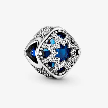 

New Authentic 925 Sterling Silver Beads Blue Crystal Snowflake Openwork Square Charm Fit Original Pandora Bracelet DIY Jewelry