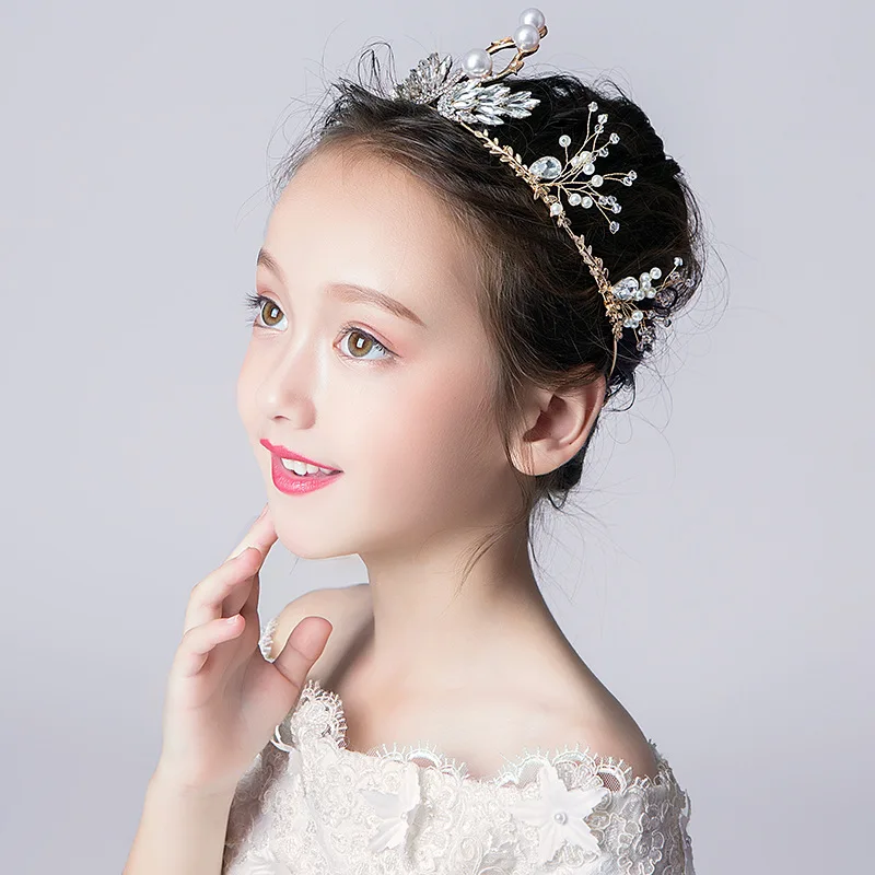 Girls Crown Headdress Princess Children's Crown Birthday Crystal Headband Girl Show Hair Accessories Flower Girl Headdress