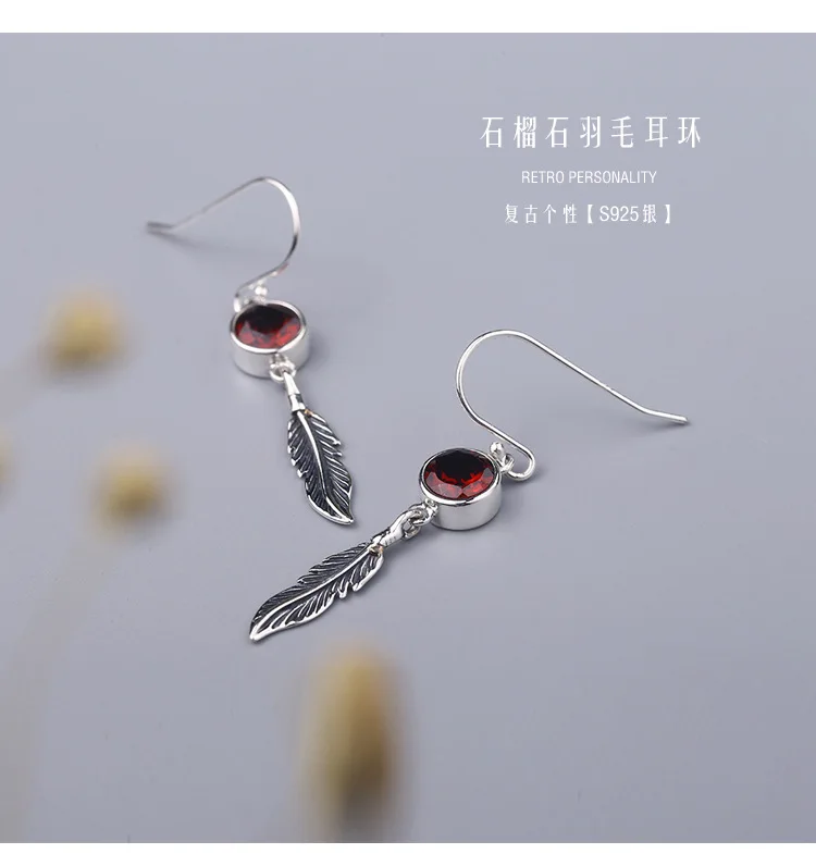 L& P новые модные 925 пробы серебряные гранатовые Серьги с драгоценными камнями для девушек стиль серьги-капли с перьями