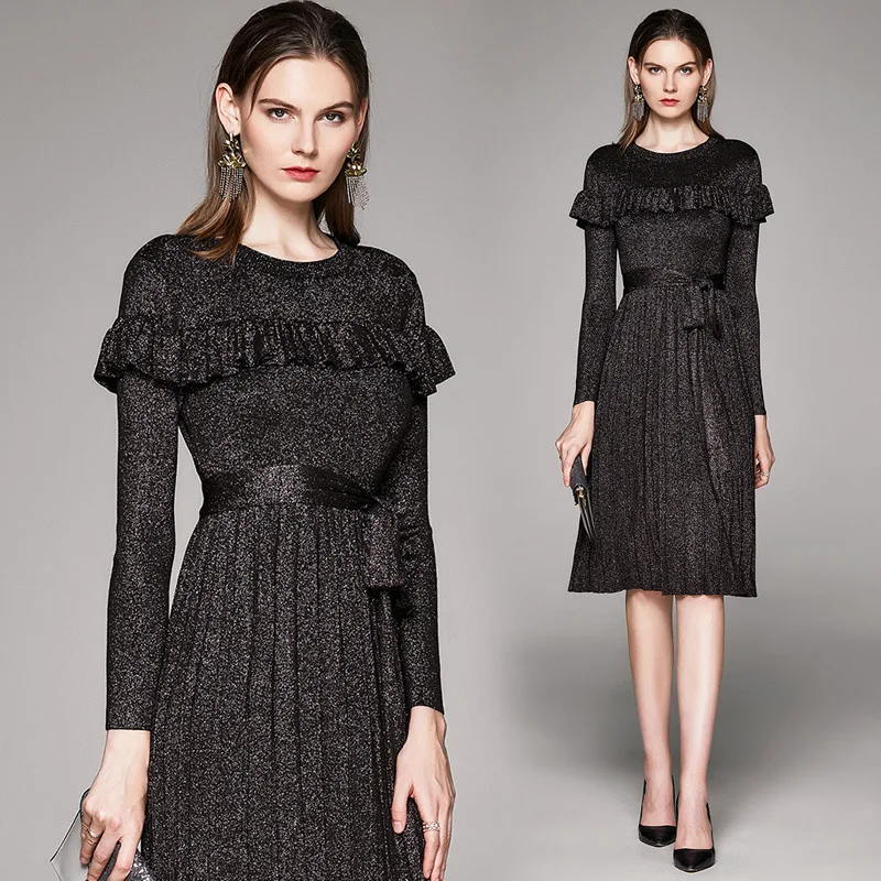 

5490-Autumn And Winter New Products Gold Lines Pleated Dress
