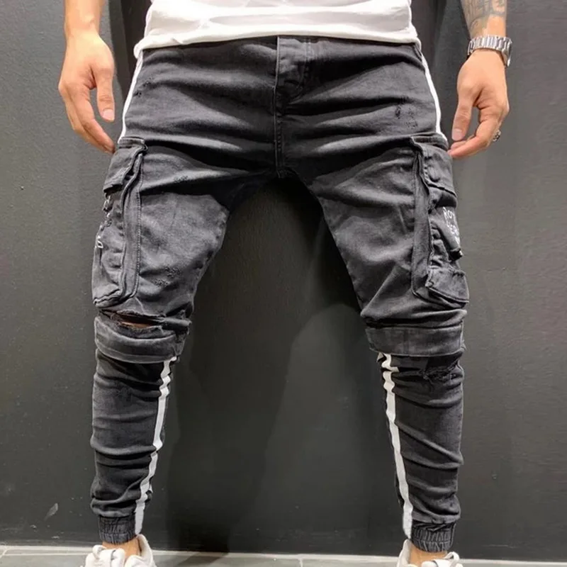 Джинсы в стиле хип-хоп, уличная одежда, мужские рваные потертые штаны, рваные облегающие байкерские джинсы стретч с дырками, мужские узкие джинсы, джинсовые штаны