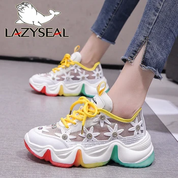 

LazySeal Rainbow Sole Shoes Women Bling Crystals Flowers Air Mesh Breathable Female Height Increasing Platform Sneaker Shoes