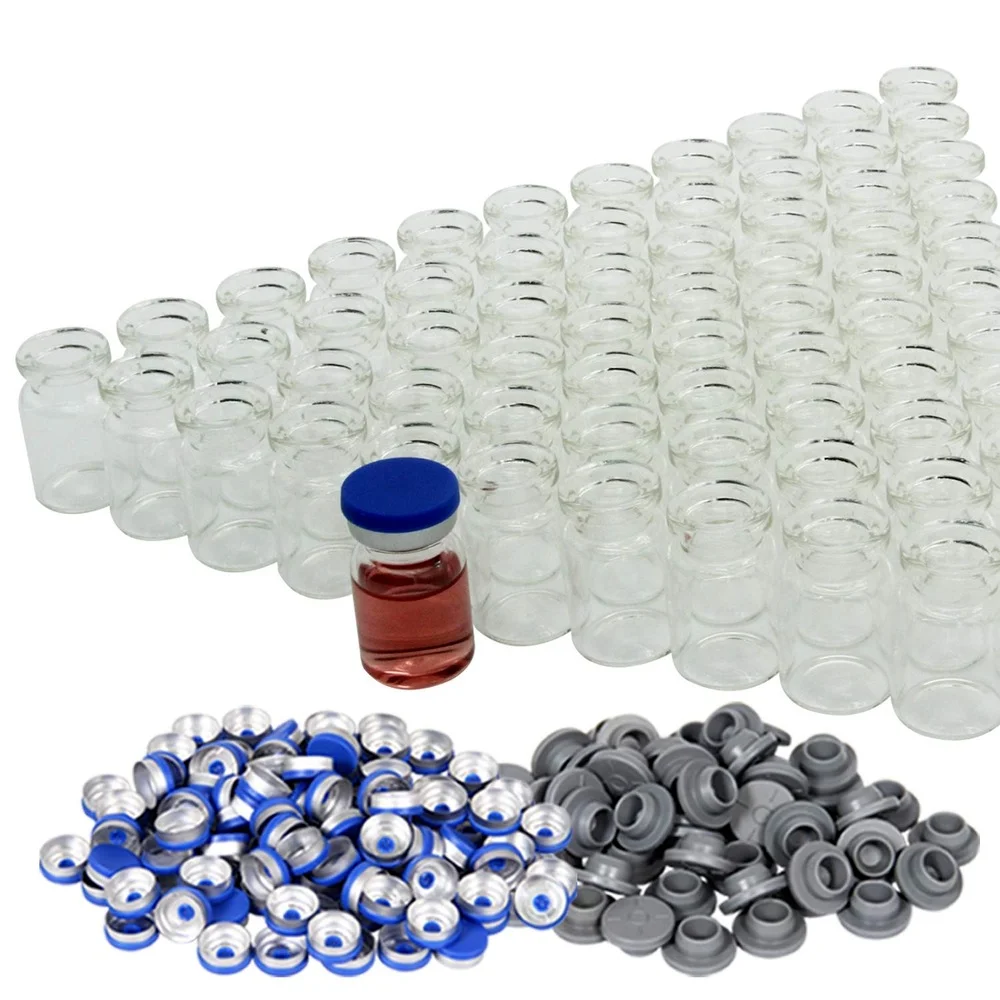100 Pack 5ml Glass Vials, Caliber 13mm Clear Glass Headspace Vials with Plastic-Aluminum Flip Off Caps and Rubber Stoppers