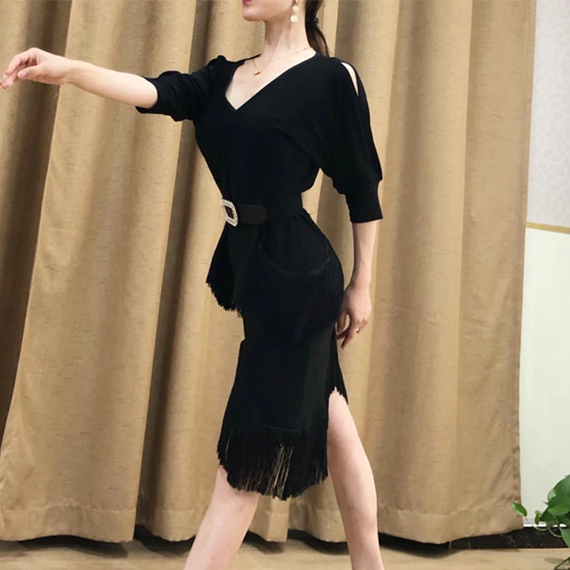 Платье для латинских танцев, балк, летучая мышь, рука, тренировочная юбка с бахромой, Румба, танго, Сальса Самба, ча, танцевальная одежда, шоу DN3999