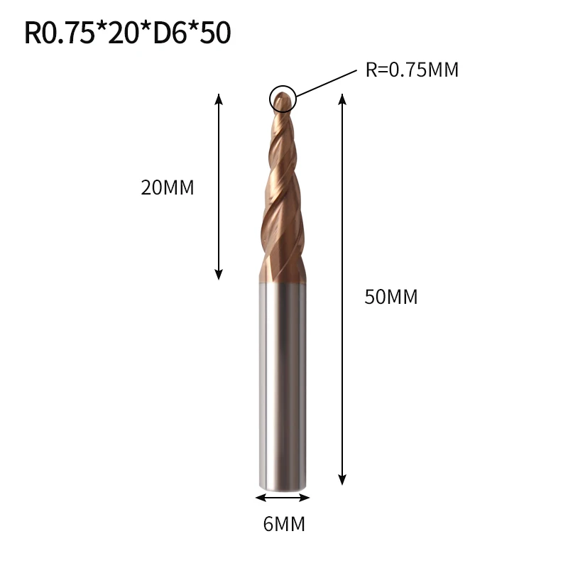 Augusttools Tapered cone Ball Nose End Mill HRC60 Cnc Taper Wood Metal Cutter Tungsten Solid Carbide Tapered Milling Cutter 4mm - Длина режущей кромки: R0.75X20XD6X50L