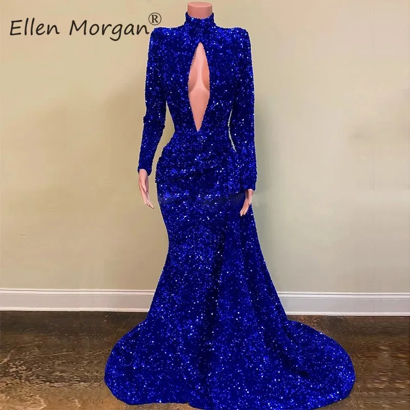 

Royal Blue Sequined Long Sleeves High Neck Mermaid Prom Dresses 2020 for African Black Girls Real Photos Formal Party Gowns