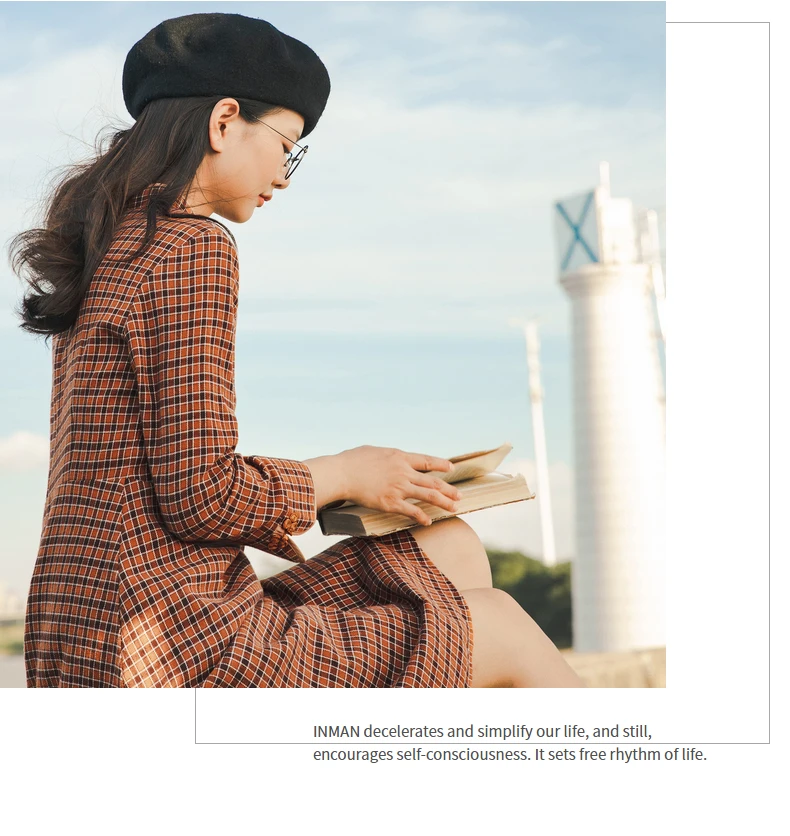 INMAN 2020 Autumn Winter New Arrival Plaid Dress Retro Cotton Buckle Collar Three-quarter Sleeve Dress