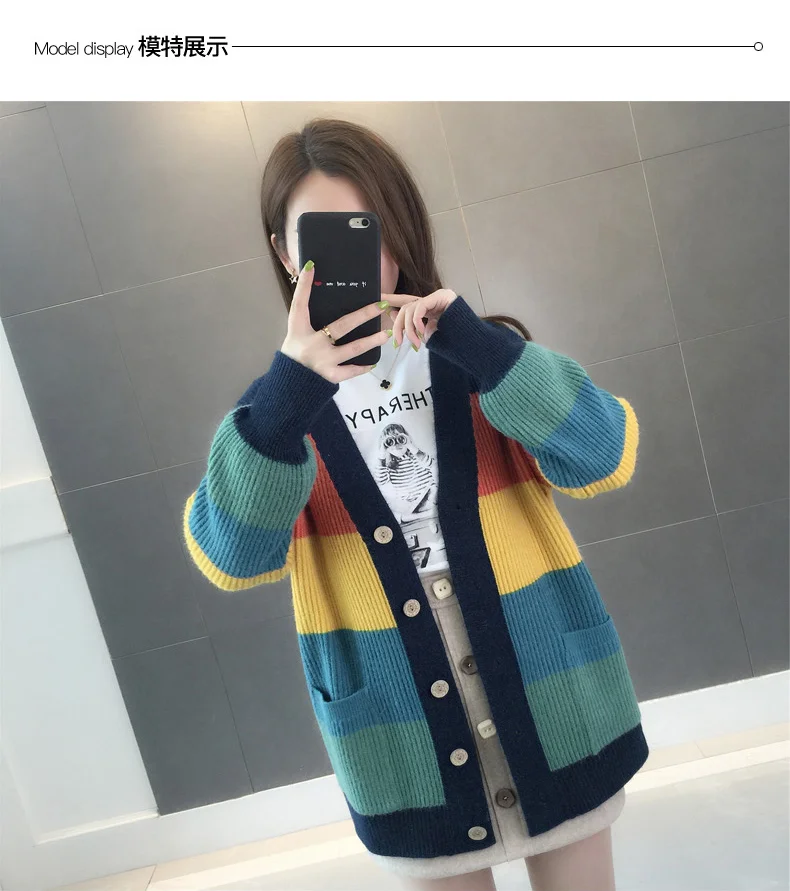 Woherb V шеи однобортный вязаный кардиган женский Harajuku Радуга полосатый свитер пальто осень уличная джемпер Femme