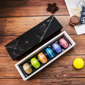 

6 Grid Macaron Packaging Box White Black Marble Pattern Dessert Biscuits Boxes with Plastic Tray