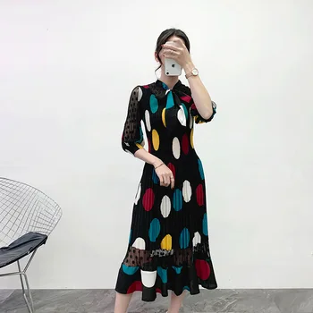 

Pleat Polka Dot Dress 2020 Spring Clothing New Mouth Miyake Pleated Bow Collar Large Size Base dress Elegant Commuting elegant