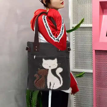 

Canvas Women Shoulder Handbags Casual Large Capacity Totes Cute Cat Shopping Bags for Female Lady