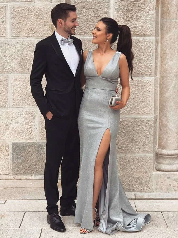 VKbridal, блестящие вечерние платья Русалка, длинные, с глубоким v-образным вырезом, с высоким разрезом, вечерние платья для выпускного вечера, блестящая женская официальная одежда, Новинка
