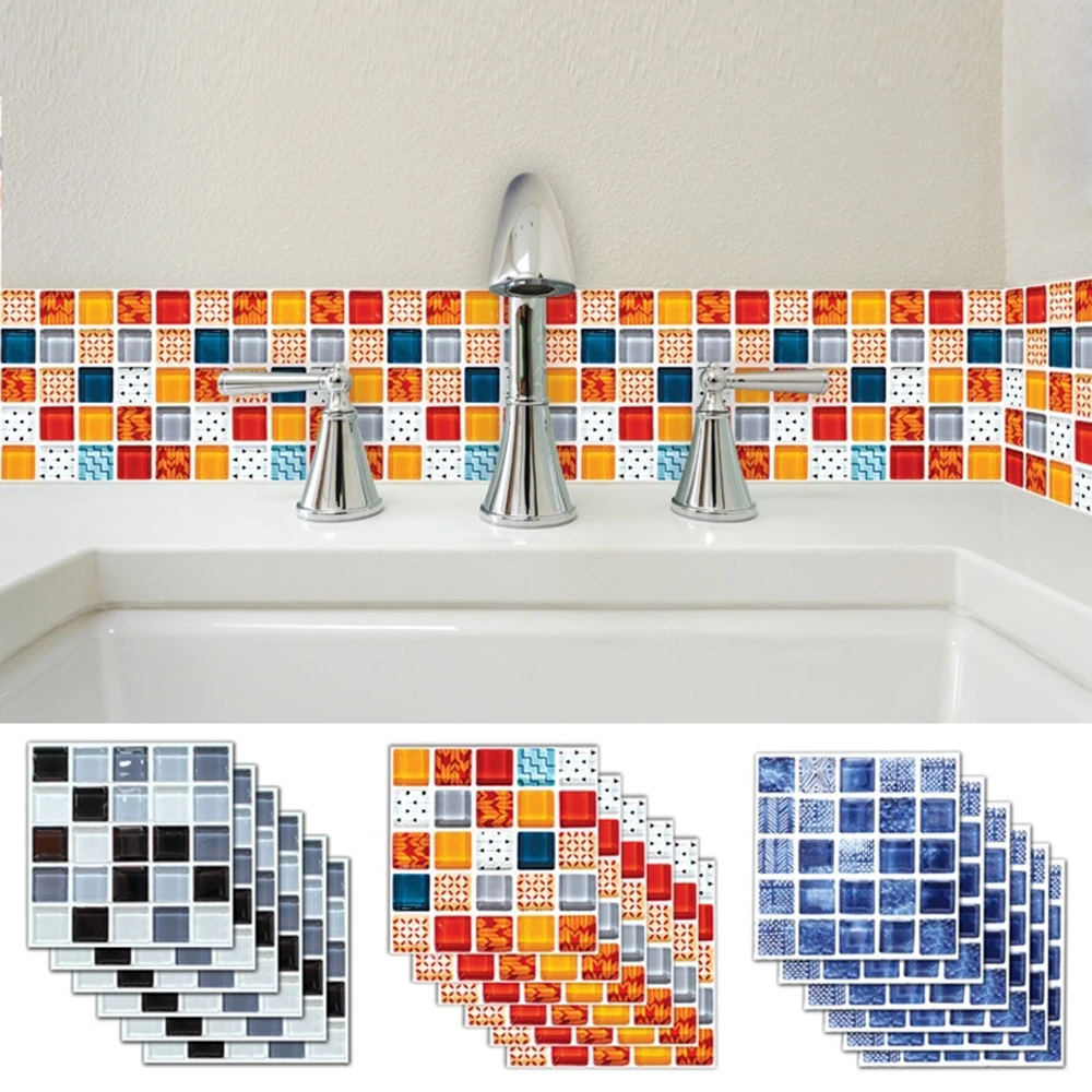 6PCS Mosaic Wall Sticker Waterproof Tile Stickers Home Kitchen Bathroom Decor