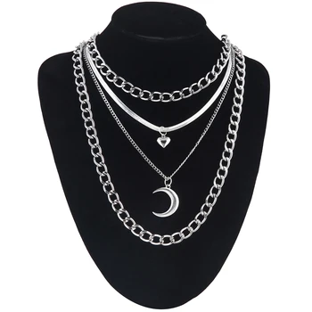 4pcs/Set Layer Moon Pendant Necklace Neck Chains Crescent Gothic Jewelry Women Female Chocker Goth Accessories