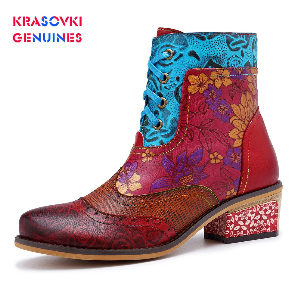 

Krasovki Genuines Boots European and American New Leisure Retro National Style Leather Lace-up Printed Women Boots Cowboy Boots