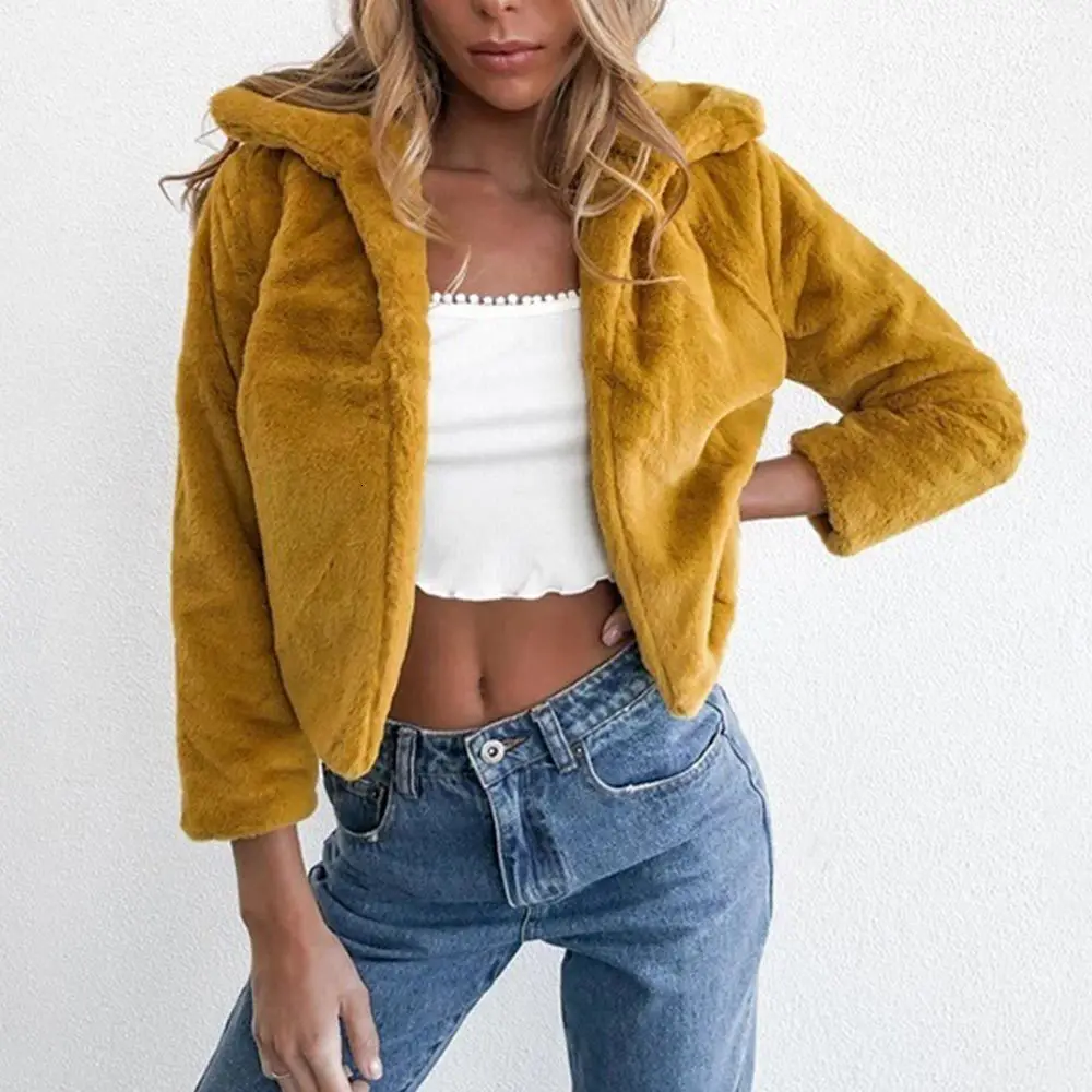 Jocoo Jolee, женская теплая короткая пушистая куртка из искусственного меха, женские элегантные однотонные короткие куртки с отложным воротником, Женское пальто