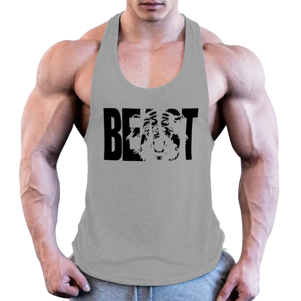 

New European And American Large Size Men's Cotton Sports Vest Muscle Fitness Brothers Beast Printed Thin Tops T