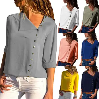 

Spring Loose Chiffon Blouses Women Long Sleeve Blouses Shirt Diagonal Buttons Plus Size Blouses Solid Color Womens Top Blouses