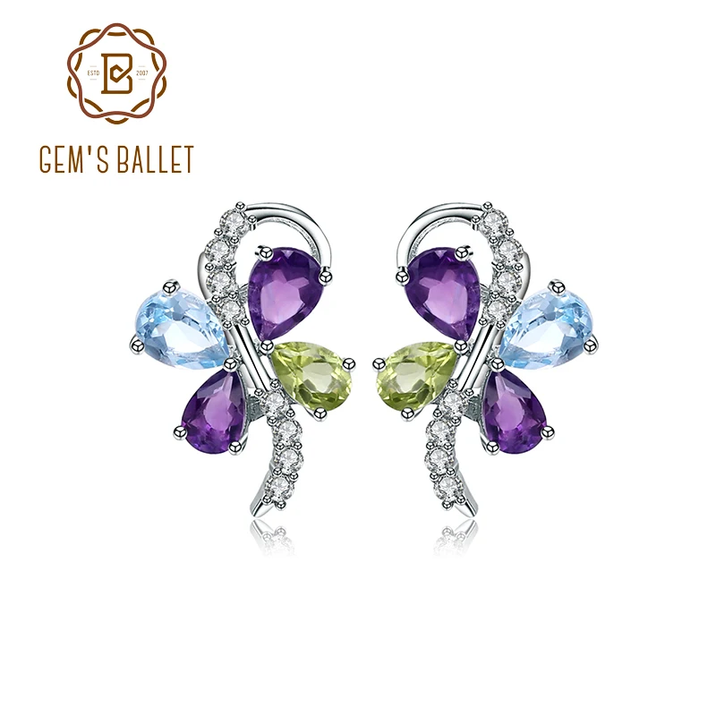 

GEM'S BALLET Sky Blue Topaz Amethyst Peridot Mix Gemstone 925 sterling silver Clip Earrings For Women Romantic Fashion