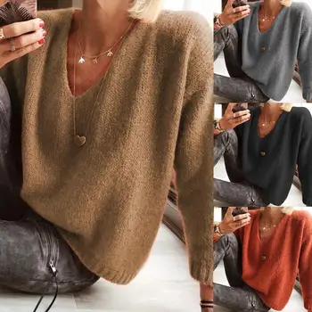

Casual Women Ladies Autumn Winter Long Sleeve V Neck Solid Color Loose Knitwear Sweater Top