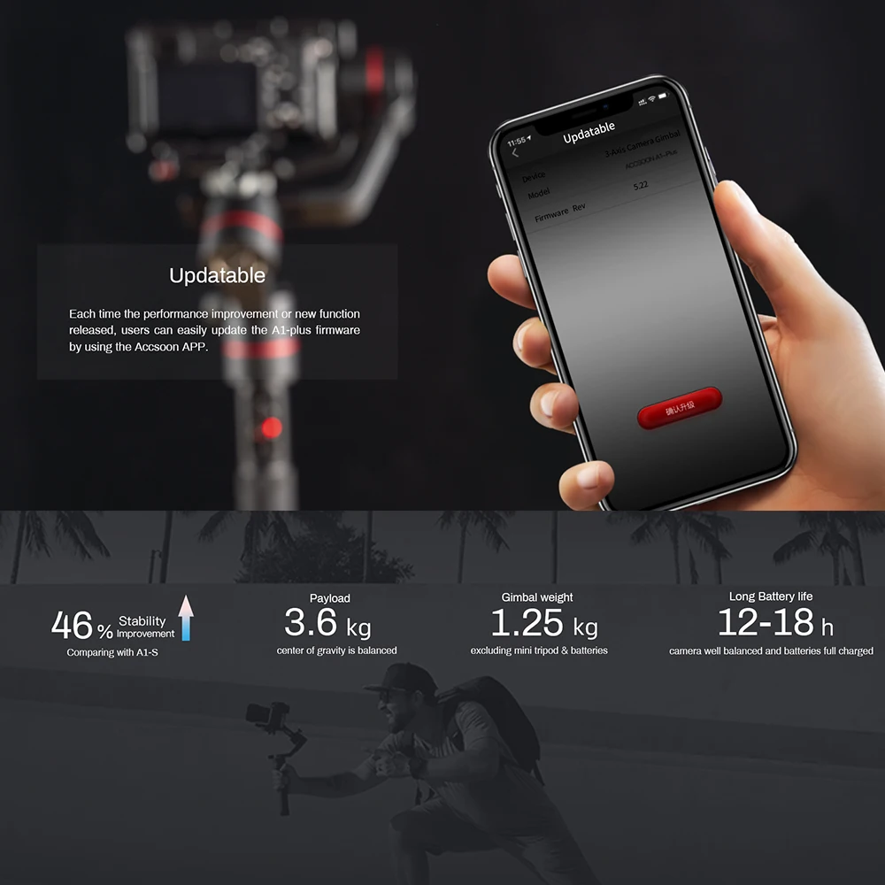 ACCSOON A1-Plus 3-осевой Камера ручной шарнирный стабилизатор для камеры GoPro для цифровой зеркальной камеры Canon Nikon sony DSLR ILDC Камера s 3,6 кг грузоподъемность