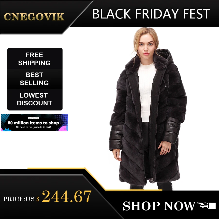 CNEGOVIK NEW long rex rabbit fur coat stand-collar