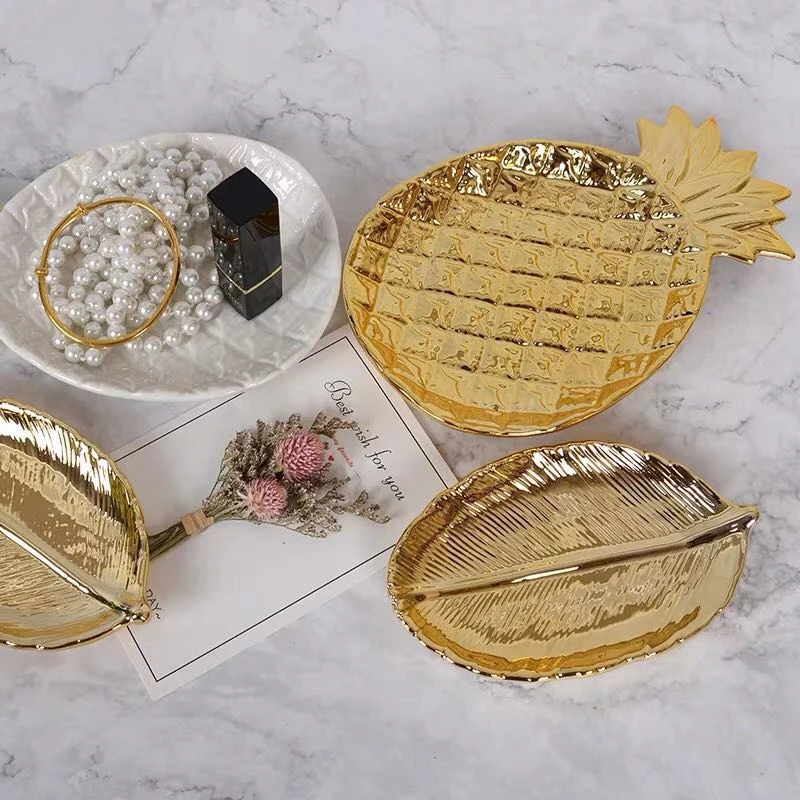 

Decorative Gold Leaf Ceramic Plate Dish Porcelain Candy Trinket Dish Jewelry Fruit Serving Tray Storage Plate Crockery Tablewa