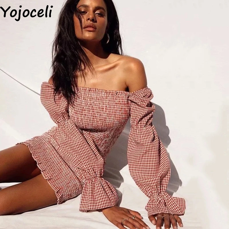 Yojoceli элегантное клетчатое платье с открытыми плечами и рюшами весеннее Короткое